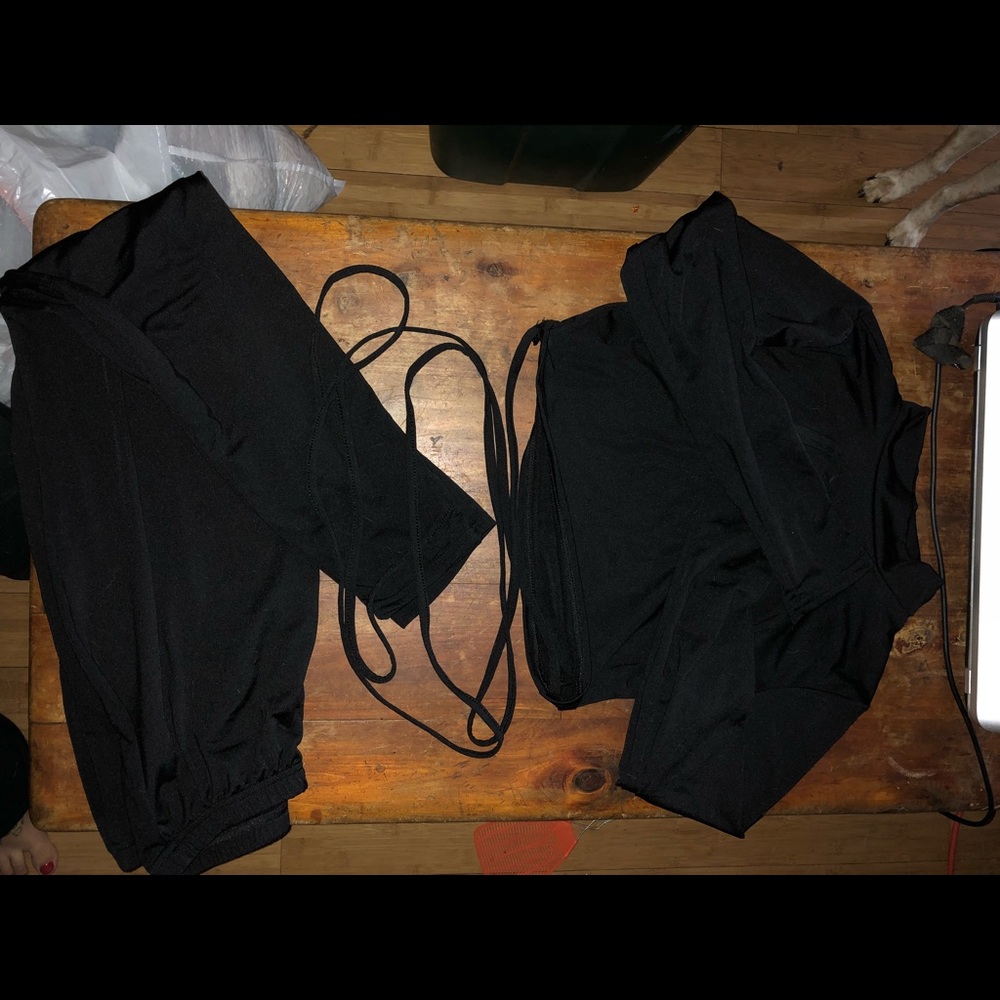 Two piece black tie around pant suit